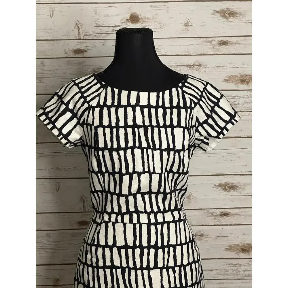 J.Crew black/white cotton boatneck short sleeve basketweave sheath dress Size 6 - Picture 2 of 6